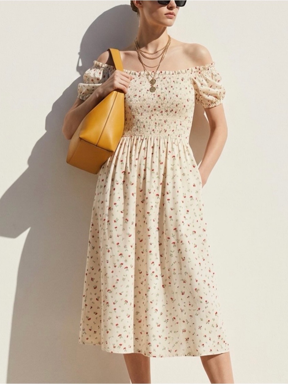 H&M Cream Floral Smocked Off-Shoulder Midi Dress, peasant‎ cottage, coquette